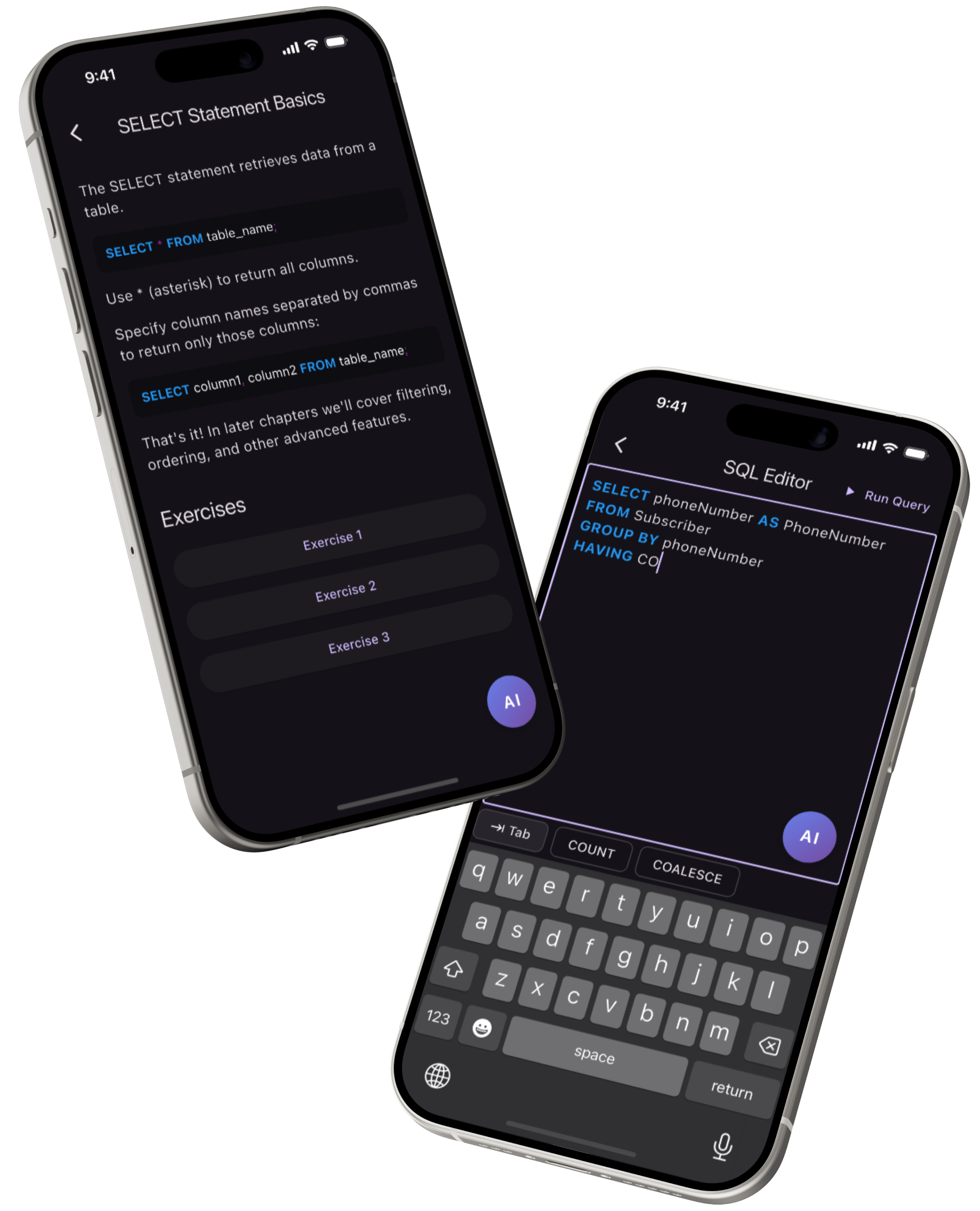 SQL Practice app interface showing practice modes and feedback